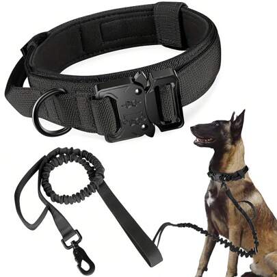 Tactical Dog Collar And Leash Set, Adjustable Military Training Nylon Dog Collar With Control Handle And Metal Buckle, Suitable For Medium And Large Dogs