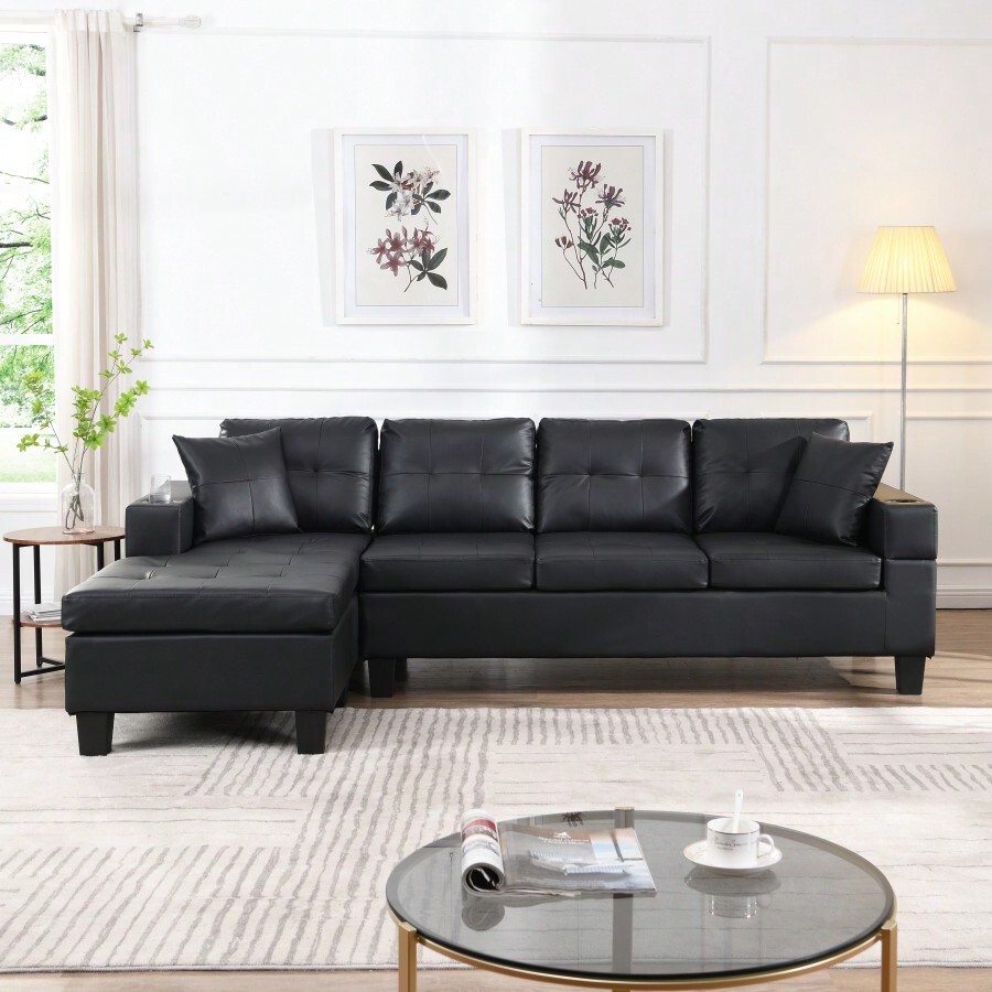 Sectional Sofa Set For Living Room With L Shape Chaise Lounge, Cup