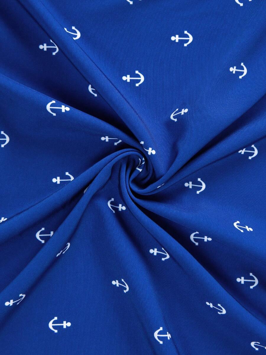 New Men Anchor Print Long Sleeve Shirt With Rhinestone Collar, Soft