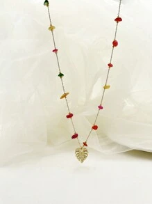 1pc French Style Stainless Steel Multicolor Stone & Small Leaf Pendant Necklace, Suitable For Women's Daily Wear, Dating, Gift, Festival, Party, Gathering - Yellow Gold - View 10