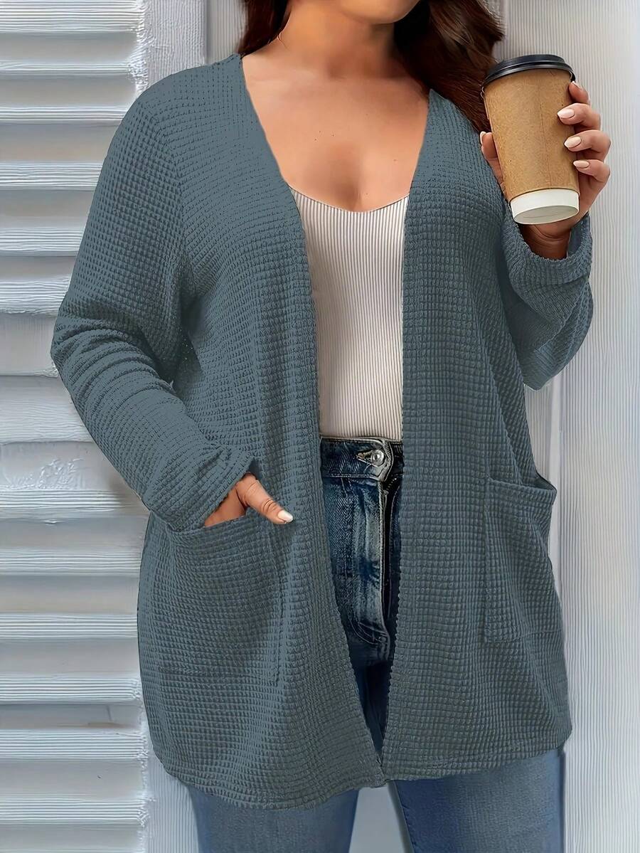 Plus Size Solid Color Long Sleeve Knit Cardigan With Pockets, For Winter - Dusty Blue - View 1