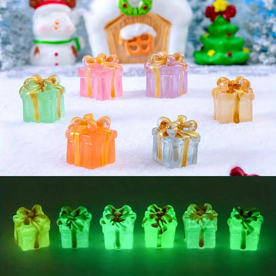 Traditional Resin Glow-In-The-Dark Miniature Gift Box Figurines, Holiday Themed For Christmas & New Year Decor, Versatile Room Decor Collectible, DIY Crafts, Micro Landscape, Bonsai, Cake Toppers, Car & Fridge Ornaments