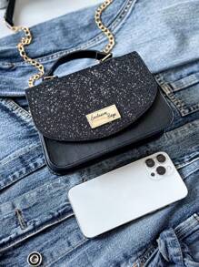 Bolsa De Festa Estruturada com Glitter e Corrente Dourada - Preto - Visão 5