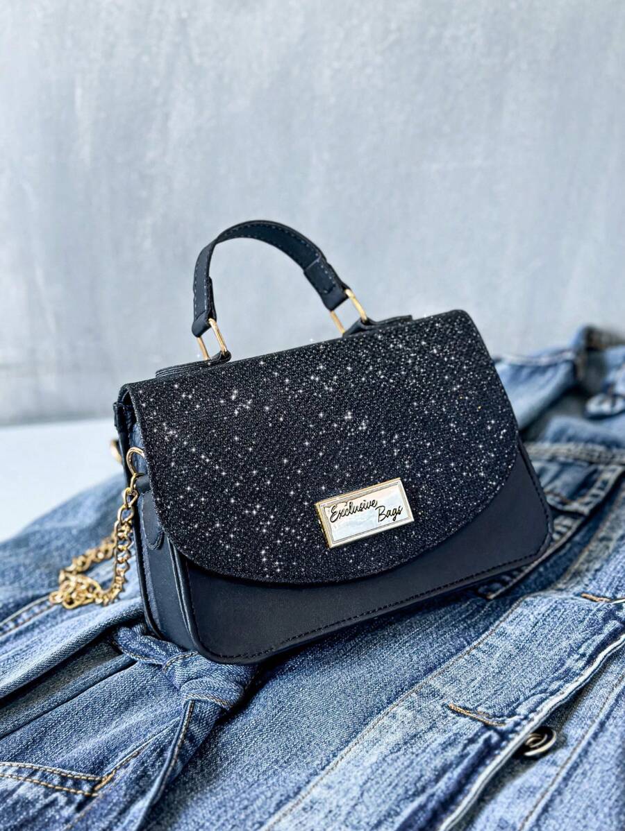 Bolsa De Festa Estruturada com Glitter e Corrente Dourada - Preto - Visão 1