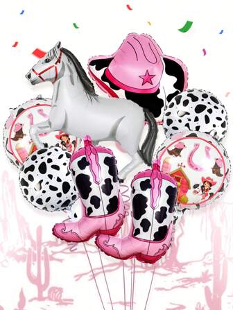 9pcs Western Theme Birthday Balloon Set For Women, Including Pink Cowgirl Boot, White Horse, Cow Print And Hat Foil Balloon, Perfect For Girls' Night Out Party, Western Theme Birthday, Disco Cowgirl Competition, Horse Racing, Animal Theme Party,