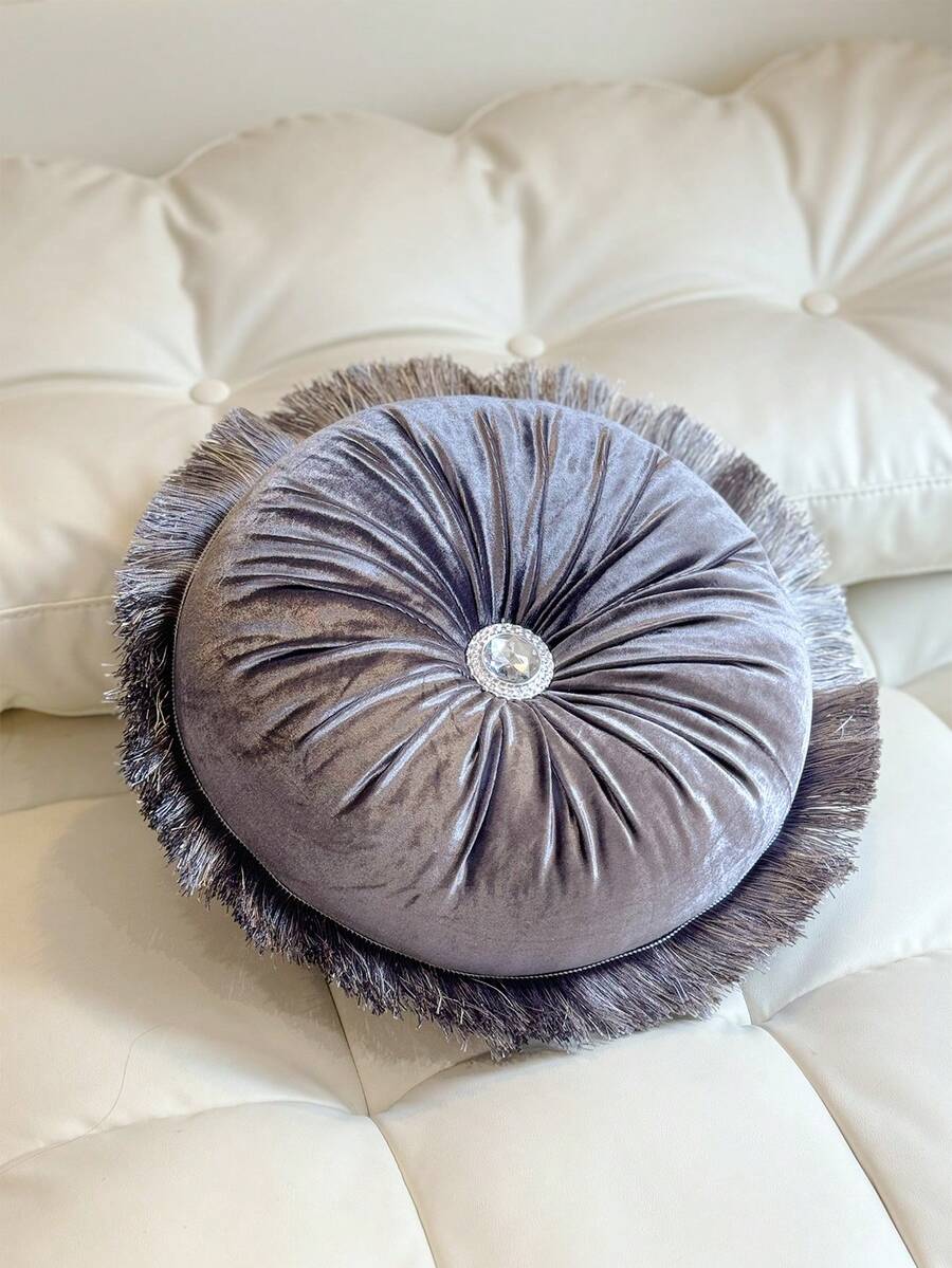 1pc Korean Plush Handmade Tassel Circular Cushion With Insert, Throw