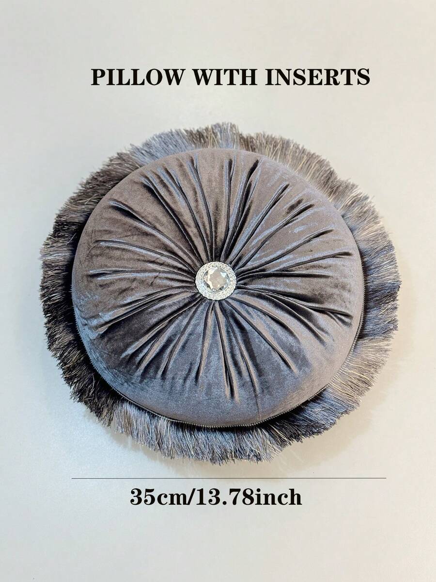 1pc Korean Plush Handmade Tassel Circular Cushion With Insert, Throw