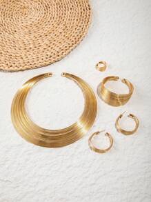 imoli 5pcs/Set Vintage Punk Style Geometric Exaggerate Open Hoop Multilayer Minimal Design Chunky Jewelry Necklace Bracelet Earring Ring Set, Women Party Gift
