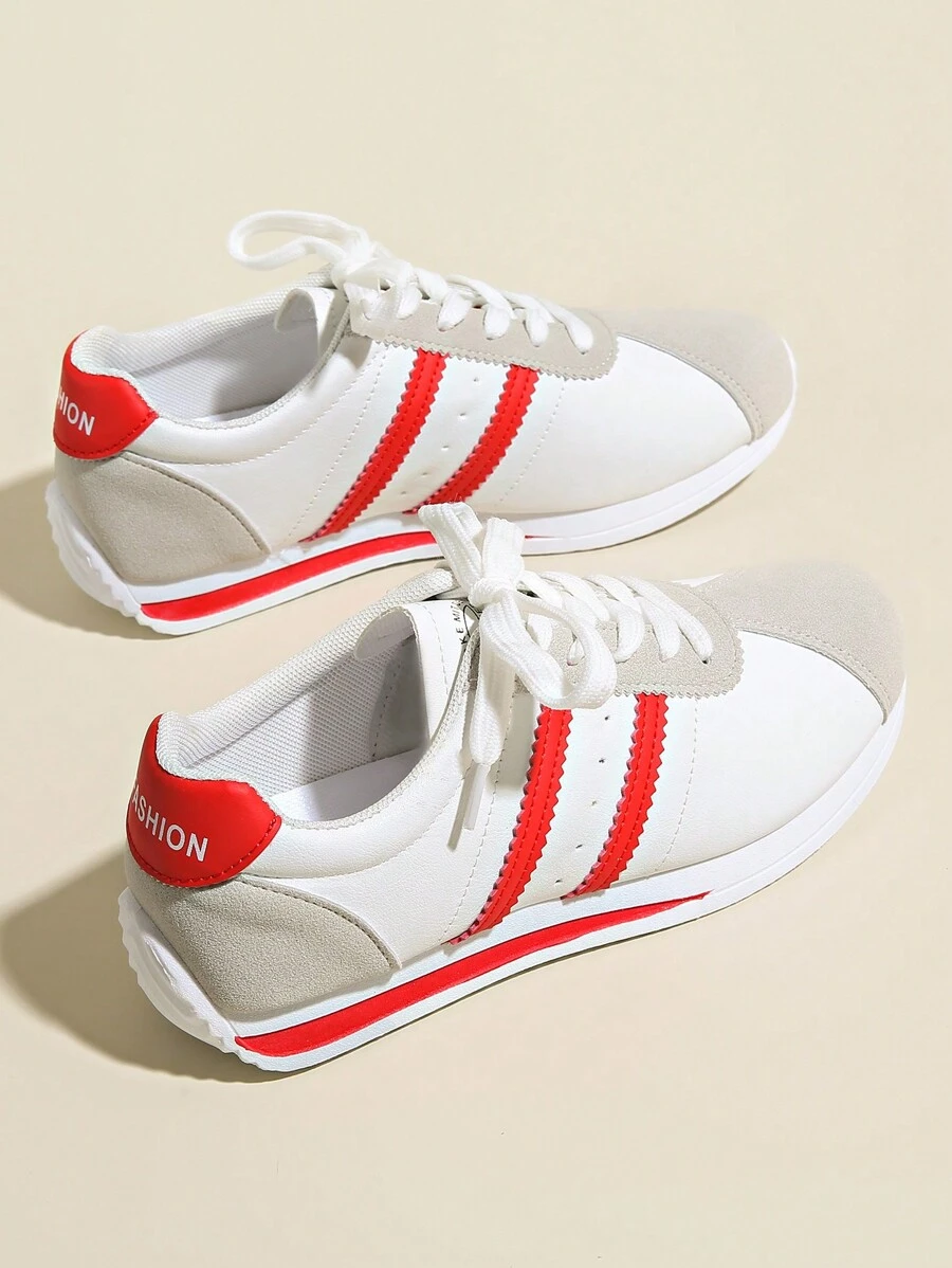 Women's Lace Up Non-Slip Flat Running Shoes, Suitable For Hiking, Dancing, Fitness, White Leather Upper, Casual Sneakers For Spring/Autumn, Size 35-43 - Red - View 1