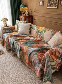 1pc Multipurpose Throw Blanket/Sofa Cover/Nap Blanket/Wall Hanging, With Tasseled Edges, Vintage Oil Painting Style, Suitable For Bedroom, Sofa, Office, Home Decor