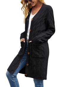 Female Cardigan, Solid Color Long Sleeve Sweater Knitted Coat With Pockets For Spring Fall, S/M/L - Negro - Ver 3