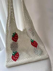 Lightweight,Casual Cute Cartoon Strawberry Pattern Crochet Bag Hollow Out Detail Vacation Style For Teen Girls Women College Students Perfect For College,Outdoors,Travel,Outings,School Bag,Large Capacity,Portable,For Teen Girls Women College Students,White-Collar Workers,Perfect For Work,Back To School,Middle School,High School,College,Vacation, & Cute Strawberry Purse Valentines, Perfectly Matching With Crochet Set - Multicolor - View 3
