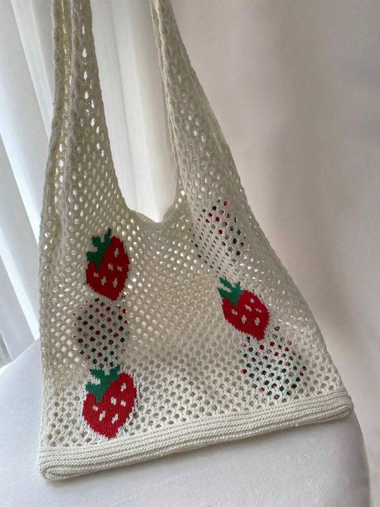 Lightweight,Casual Cute Cartoon Strawberry Pattern Crochet Bag Hollow Out Detail Vacation Style For Teen Girls Women College Students Perfect For College,Outdoors,Travel,Outings,School Bag,Large Capacity,Portable,For Teen Girls Women College Students,White-Collar Workers,Perfect For Work,Back To School,Middle School,High School,College,Vacation, & Cute Strawberry Purse Valentines, Perfectly Matching With Crochet Set - Multicolor - View 3