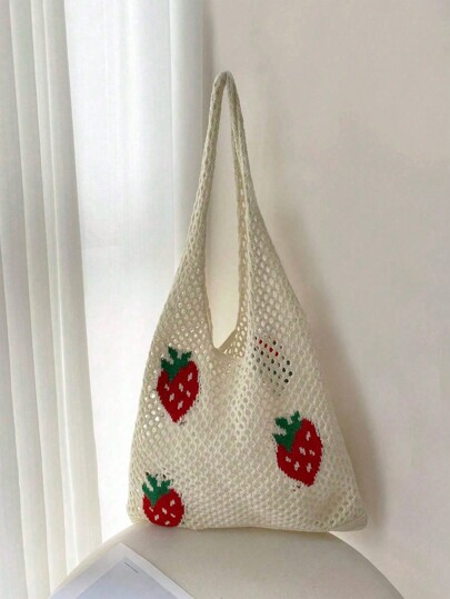Borsa in maglia leggera e casual con motivo a fragola, dal design traforato, adatta per ragazze adolescenti, donne e studenti universitari, perfetta per college, attività all'aperto, viaggi, gite, come borsa per la scuola, con ampia capacità e portatile. Perfetta anche per donne in carriera, per il ritorno a scuola, per la scuola media, superiore, universitaria, vacanze. Borsetta di e carina a forma di fragola per il San Valentino.