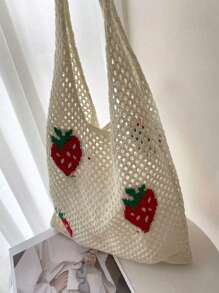 Lightweight,Casual Cute Cartoon Strawberry Pattern Crochet Bag Hollow Out Detail Vacation Style For Teen Girls Women College Students Perfect For College,Outdoors,Travel,Outings,School Bag,Large Capacity,Portable,For Teen Girls Women College Students,White-Collar Workers,Perfect For Work,Back To School,Middle School,High School,College,Vacation, & Cute Strawberry Purse Valentines, Perfectly Matching With Crochet Set - Multicolor - View 4