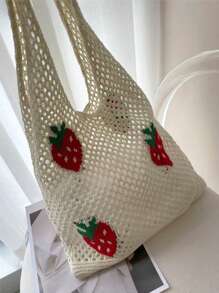 Lightweight,Casual Cute Cartoon Strawberry Pattern Crochet Bag Hollow Out Detail Vacation Style For Teen Girls Women College Students Perfect For College,Outdoors,Travel,Outings,School Bag,Large Capacity,Portable,For Teen Girls Women College Students,White-Collar Workers,Perfect For Work,Back To School,Middle School,High School,College,Vacation, & Cute Strawberry Purse Valentines, Perfectly Matching With Crochet Set - Multicolor - View 2