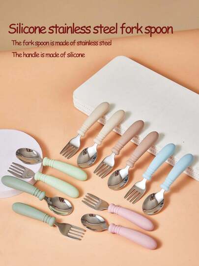 1set 2pcs Silicone & Stainless Steel Fork And Spoon Set, Baby Self-Feeding Training Cutlery, Children Tableware Tong Spoon