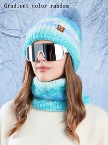 OBOVAY Conjunto de gorro y bufanda con forro térmico y degradado de color aleatorio para mujer, gorro de punto con pompón y bufanda infinita cálida, apto para esquiar y uso diario - Gradiente - Ver 15