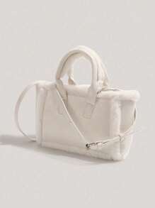 1 件女士毛绒手提包，秋冬新款毛绒手提包，多功能大容量单肩包，适合女孩、女士、学生、上班族、通勤者、学校郊游 - 白色 - 查看 3