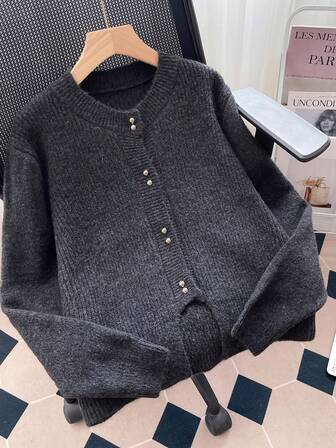 女式纯色长袖单排扣休闲宽松开衫，秋冬