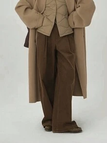 1 条女式纯棕色休闲裤，带腰带环，长款，直腿款式，适合日常穿着（不含腰带） - 棕色 - 查看 6