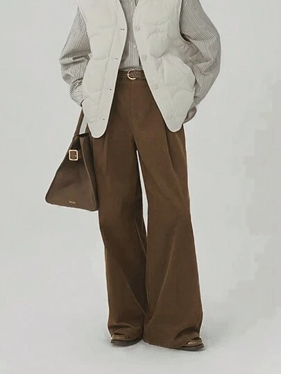 1 条女式纯棕色休闲裤，带腰带环，长款，直腿款式，适合日常穿着（不含腰带）