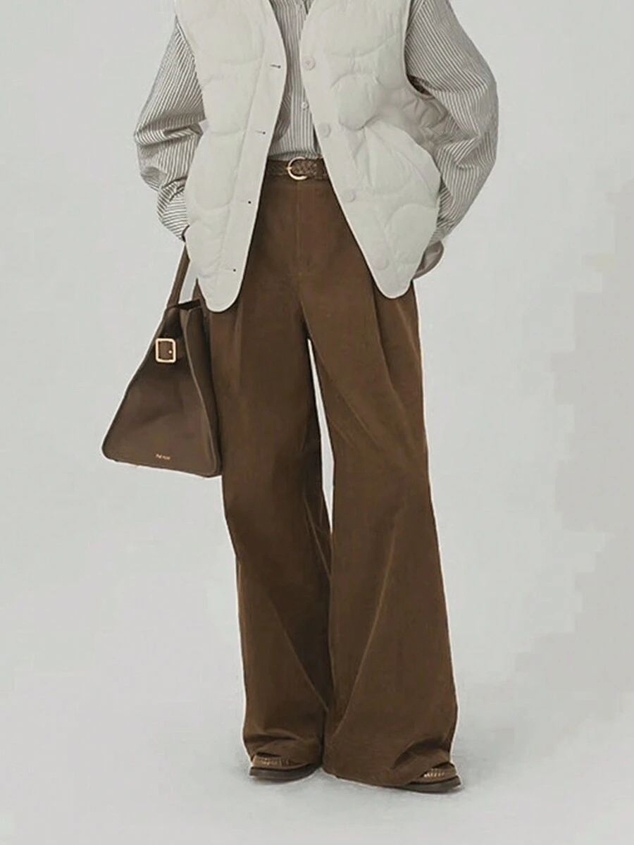 1 条女式纯棕色休闲裤，带腰带环，长款，直腿款式，适合日常穿着（不含腰带） - 棕色 - 查看 1