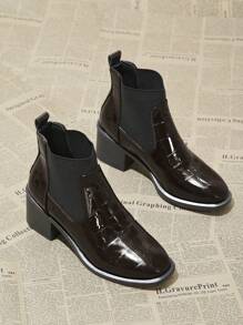 新款时尚优雅女士粗跟乐福鞋，针织仿鳄鱼皮休闲黑色踝靴，适合日常穿着 - 棕色 - 查看 3