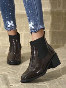 新款时尚优雅女士粗跟乐福鞋，针织仿鳄鱼皮休闲黑色踝靴，适合日常穿着 - 棕色 - 查看 2