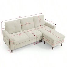 80" Convertible Sectional Sofa Couch, 3 Seats L-Shape Sofa With Removable Cushions And Pocket, Rubber Wood Legs, Beige Chenille - 米色+雪尼爾如圖 - 查看 17