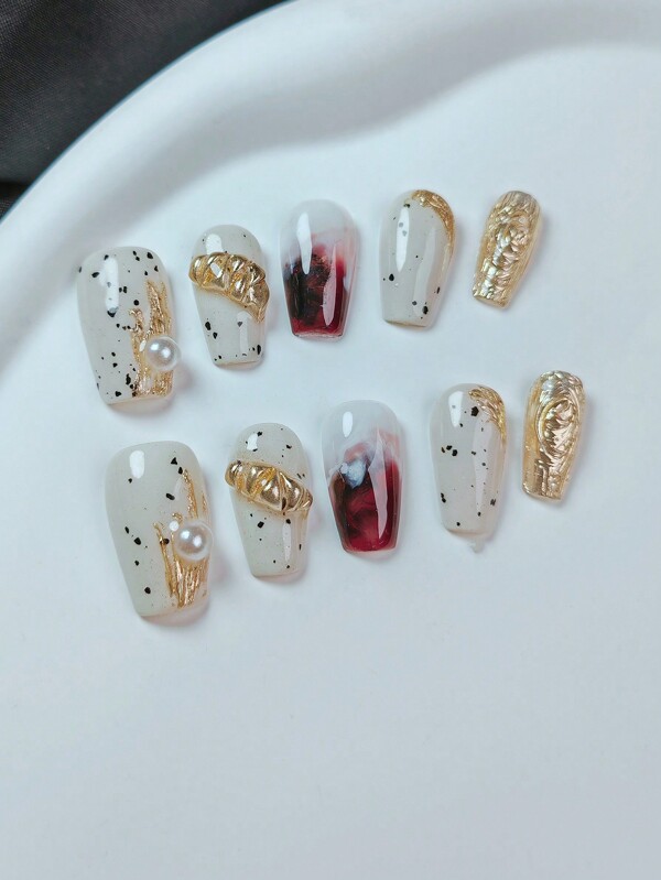 10 szt. luksusowych, ręcznie robionych, 3D, zdobionych złotą folią, krótkich, trapezowych, błyszczących, sztucznych paznokci, zestaw do zdobienia paznokci na święta i do codziennego użytku, zawiera pilnik do paznokci, obcinacz do paznokci, żelowe podkładki, dociskane paznokcie, artykuły do paznokci, paznokcie