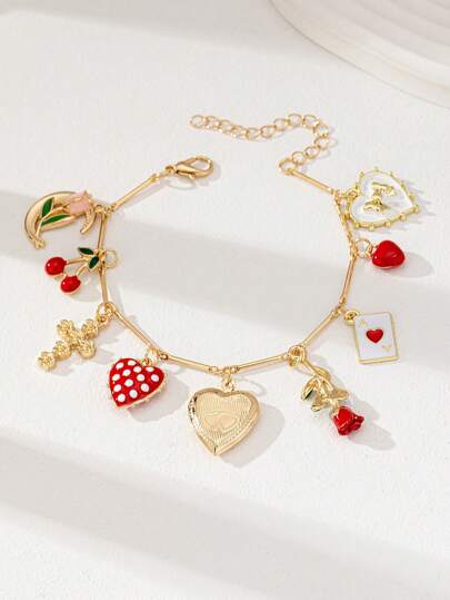 1 pieza Pulsera con colgante de corazón esmaltado con cereza y fresa, diseños de pulsera con múltiples colgantes, regalo para mujeres en el Día de San Valentín