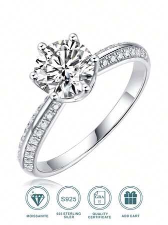 1pc 1/2/3/5 Carat Moissanite Embedded Round Ring, 925 Sterling Silver Unisex Minimalist Ring, Nickel-Free, Sparkling Gemstone Jewelry, Perfect Gift For Back To School, Graduation, Birthday, Wedding, Anniversary, Engagement And Special Occasions For Him & Her