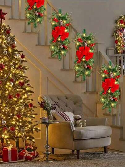 1件红色藤条蝴蝶结装饰人造藤蔓花环，饰以红色浆果和蝴蝶结，非常适合室内外家居装饰、生日派对装饰、架子拱门楼梯装饰，四季皆宜（不含灯饰）。最佳圣诞礼物、房间装饰、冬季圣诞装饰、家居圣诞礼物、圣诞装饰