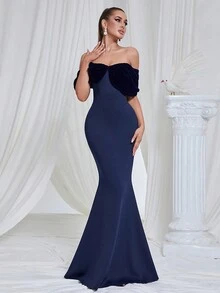 Women's Fitted Off-Shoulder Mermaid Hem Elegant Dress - Navy Blue - View 4