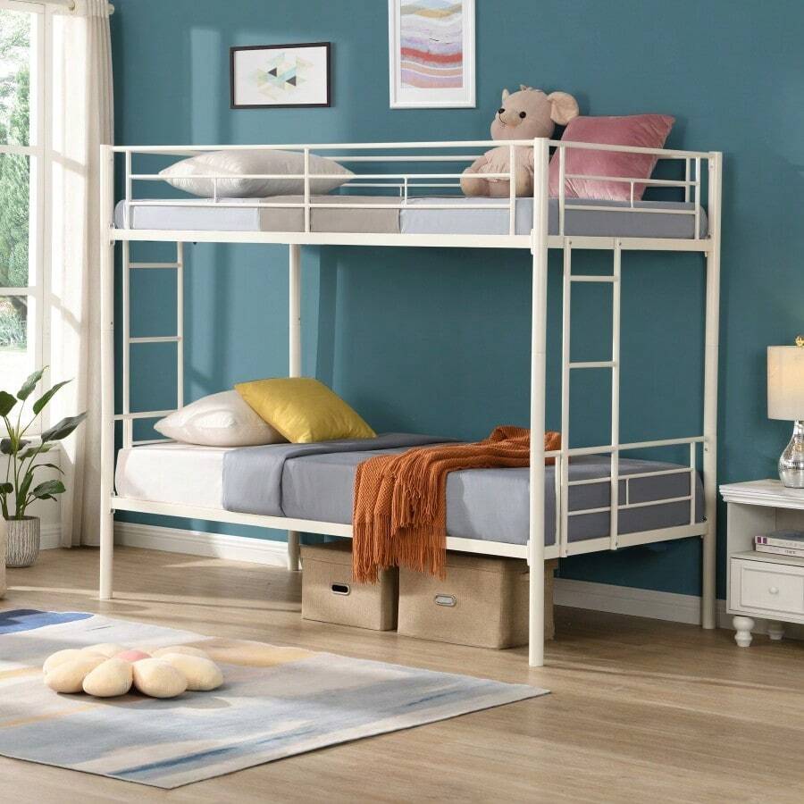 Twin Over Twin Metal Bunk Bed, Metal Structure Bedframe With Safety