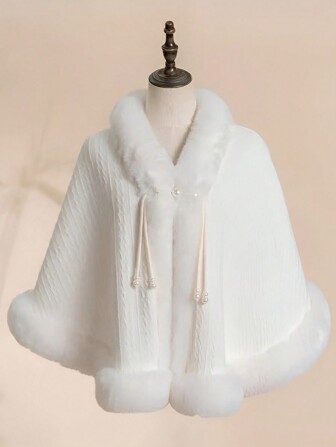 1pc Vintage Solid Color Shawl, Elegant Poncho Jacket With Faux Pearl Buttons, Faux Rabbit Fur Thick Lining, Suitable For Cheongsam, Fluffy Furry Collar, Versatile Warm Wrap For Spring, Autumn & Winter