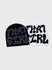2pcs/Set Women's Fashion Jacquard "THAT GIRL" Pattern Beanie Hat, Suitable For Autumn/Winter Daily Outfit - Multicolor - View 9
