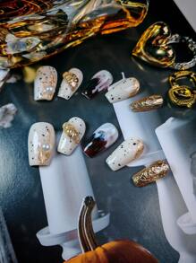 10 szt. luksusowych, ręcznie robionych, 3D, zdobionych złotą folią, krótkich, trapezowych, błyszczących, sztucznych paznokci, zestaw do zdobienia paznokci na święta i do codziennego użytku, zawiera pilnik do paznokci, obcinacz do paznokci, żelowe podkładki, dociskane paznokcie, artykuły do paznokci, paznokcie