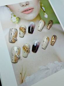 10 szt. luksusowych, ręcznie robionych, 3D, zdobionych złotą folią, krótkich, trapezowych, błyszczących, sztucznych paznokci, zestaw do zdobienia paznokci na święta i do codziennego użytku, zawiera pilnik do paznokci, obcinacz do paznokci, żelowe podkładki, dociskane paznokcie, artykuły do paznokci, paznokcie