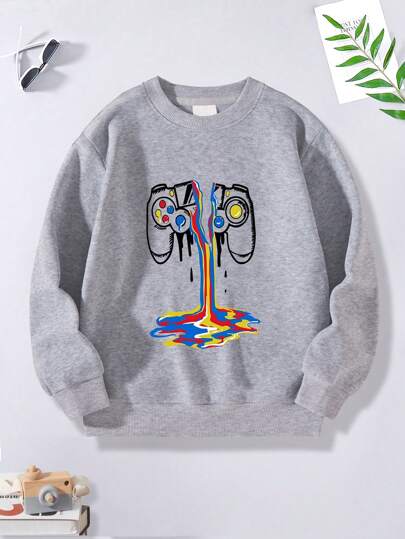 Felpa girocollo a maniche lunghe con stampa grafica di dispositivi di gioco casual per ragazzi giovani, foderata internamente in pile caldo