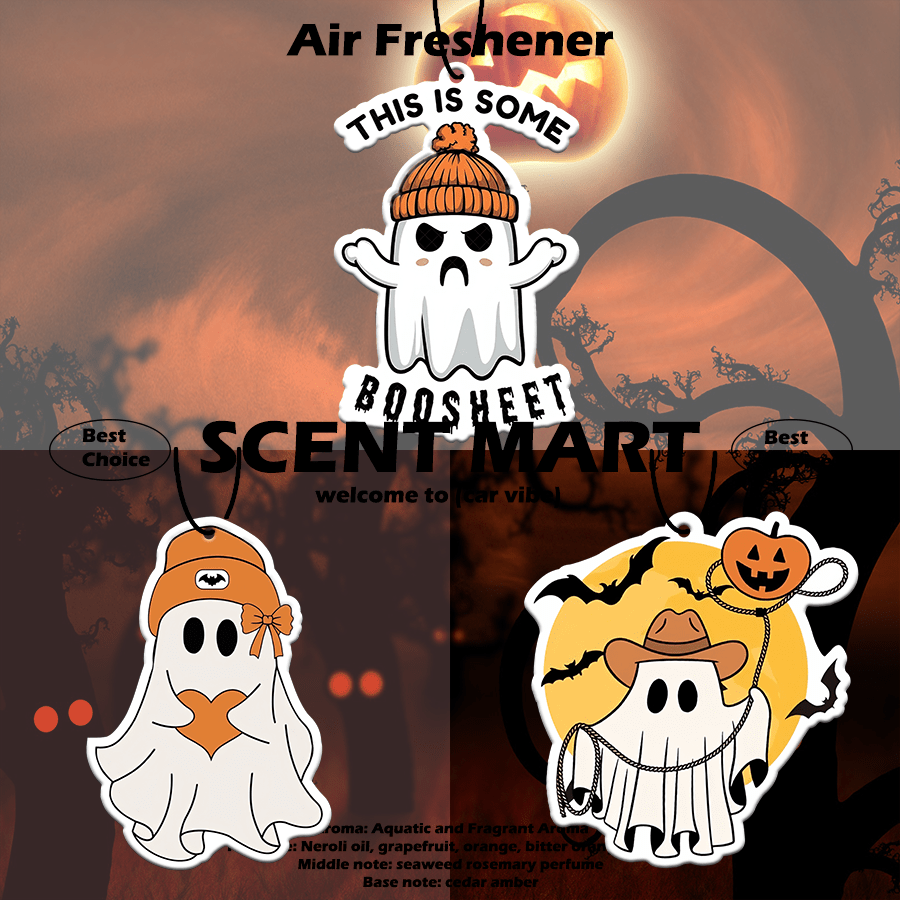Halloween Fun Ghost Design,Hanging Car Air Freshener, Car Rearview Mirror Hanging Fragrance,'BOOSHEET'&"CUTE MISS'&COW GHOST DESIGN Car Aromatherapy Tablet, Car Interior Decoration, Gifts For Friend Or Wife , Gifts For Friend
