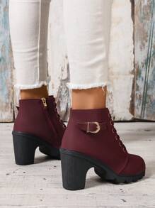 Autumn/Winter New Cross-Tied Short Boots, Thick Heel Boots, Leather Boots - Burgundy - View 5