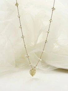 1pc French Style Stainless Steel Multicolor Stone & Small Leaf Pendant Necklace, Suitable For Women's Daily Wear, Dating, Gift, Festival, Party, Gathering - Yellow Gold - View 6