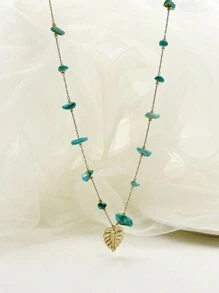 1pc French Style Stainless Steel Multicolor Stone & Small Leaf Pendant Necklace, Suitable For Women's Daily Wear, Dating, Gift, Festival, Party, Gathering - Yellow Gold - View 5