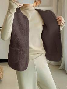 女士纯色羊羔绒拉链前袋修身轻薄背心外套，秋冬季 - 咖啡棕 - 查看 3