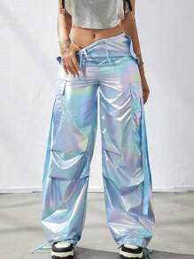 Y2K Holographic Laser Flap Pocket Side With Tape Drawstring Waist Wide Leg Parachute Cargo Pants Daily Casual Comfy Trousers Party Festival Outfit