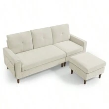 80" Convertible Sectional Sofa Couch, 3 Seats L-Shape Sofa With Removable Cushions And Pocket, Rubber Wood Legs, Beige Chenille - 米色+雪尼爾如圖 - 查看 10