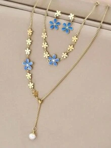 4pcs Golden Stainless Steel Gold-Plated Blue Drip Enamel Flower Tassel Necklace, Bracelet, Earrings Set - Chic, Elegant, Minimalistic, Vintage, Versatile, Suitable For Streetwear, Daily Wear, Commuting, Vacation, Weddings, Festival Parties, Gift For Women Valentines