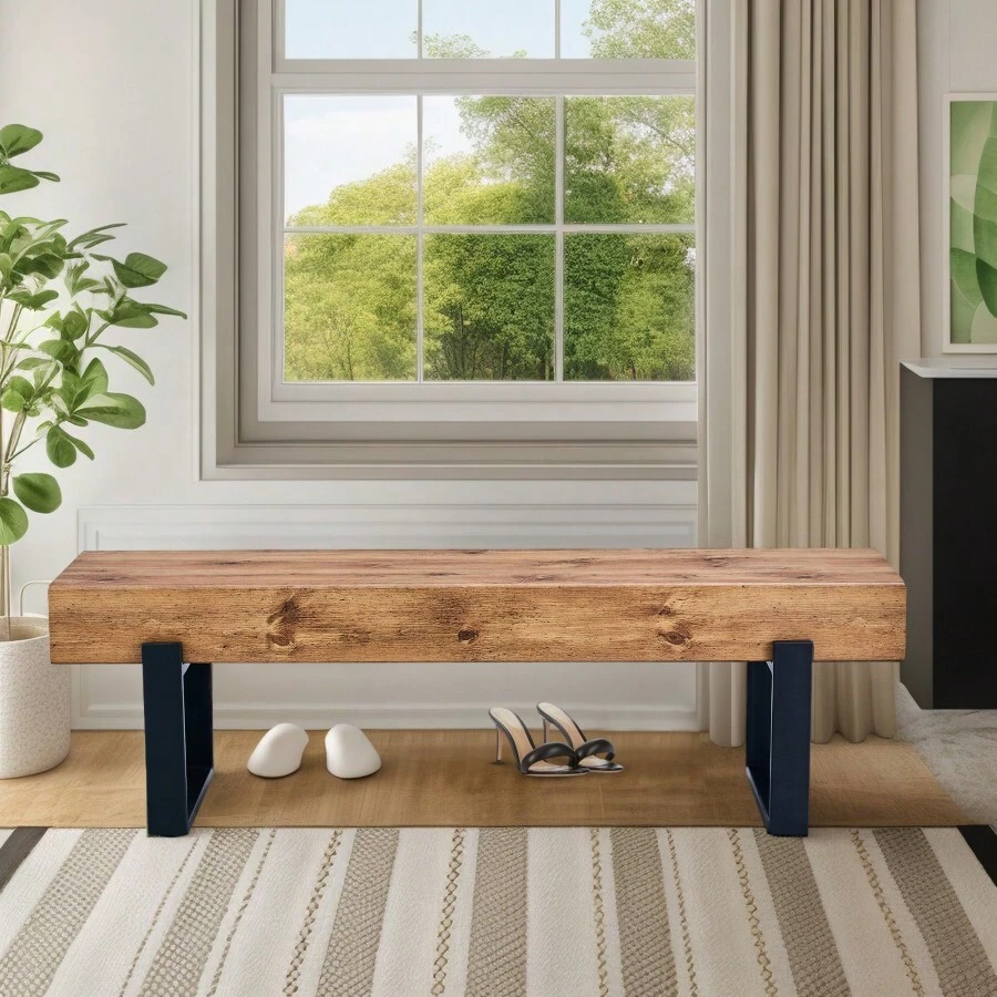 59" Dining Bench, Farmhouse Indoor Kitchen Table Benches, Bed Bench, Industrial Shoe Bench, Entryway Benches - 天然木洗+中密度纖維板+金屬+中密度纖維板如圖 - 查看 1